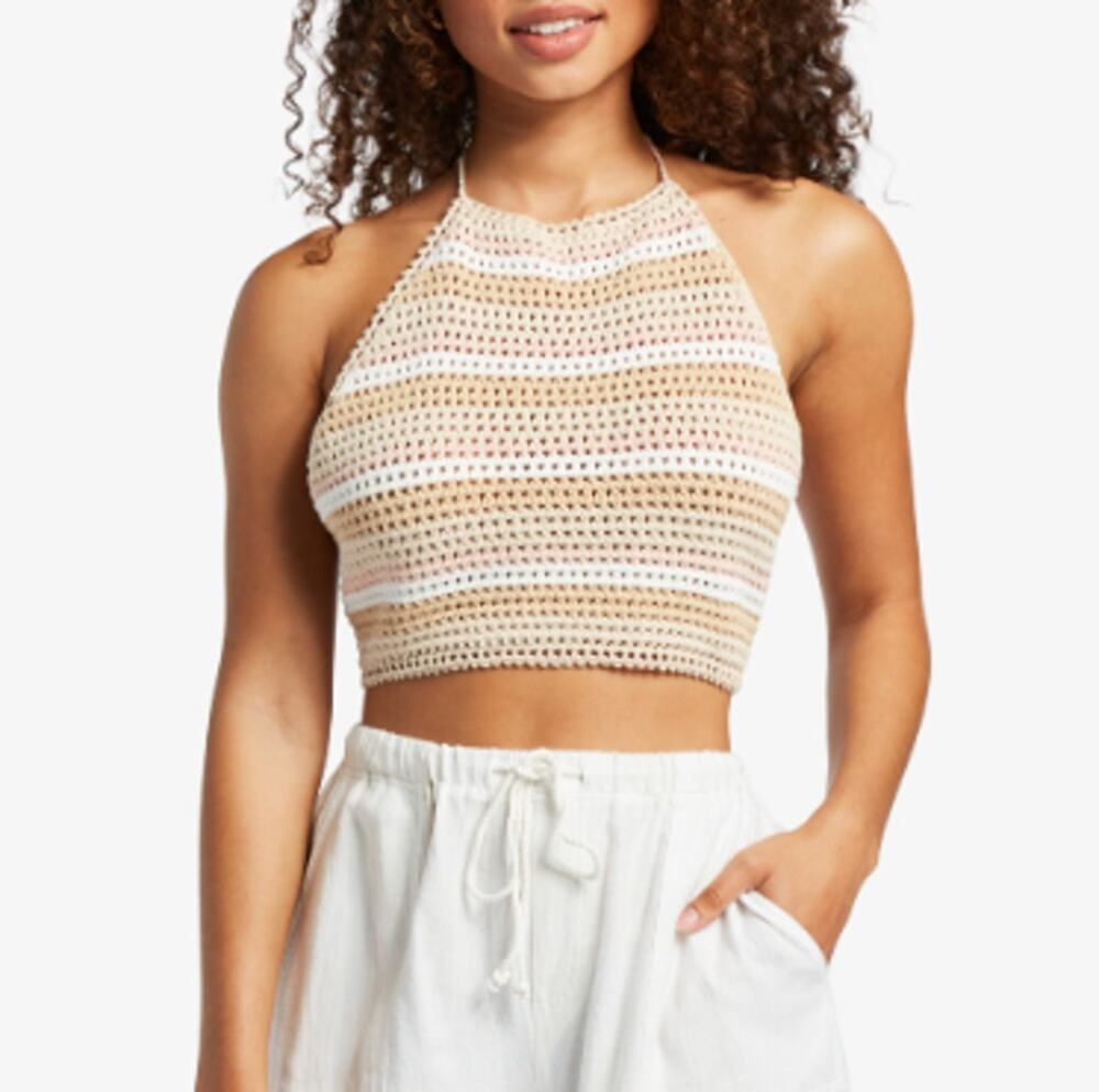 New ROXY Tapioca Every Day Stripe Daydreamer Crochet Cotton Halter Top Size L